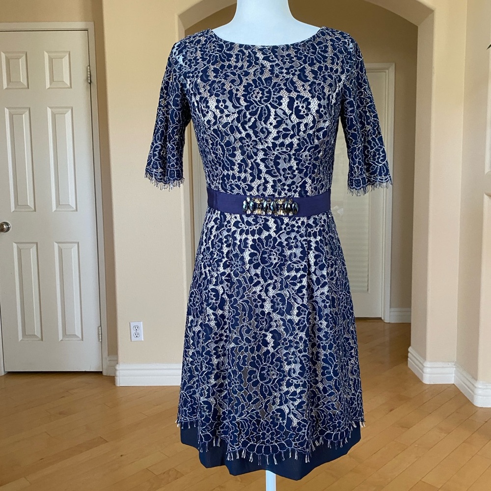 Eliza J Blue and Cream Lace A-line Mini Dress with 3/4 Sleeves
